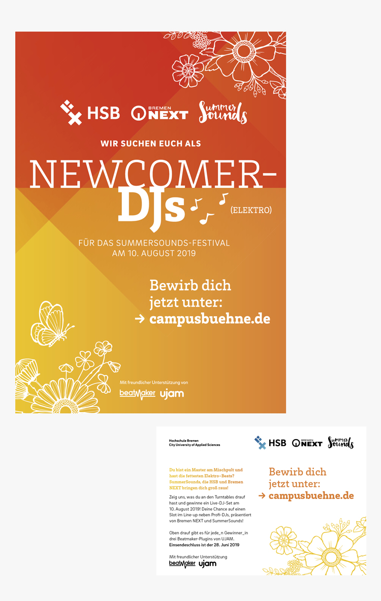 Plakat und Postkarte als Aufruf zur Bewerbung für Newcomer DJs beim Summer Sounds Festival