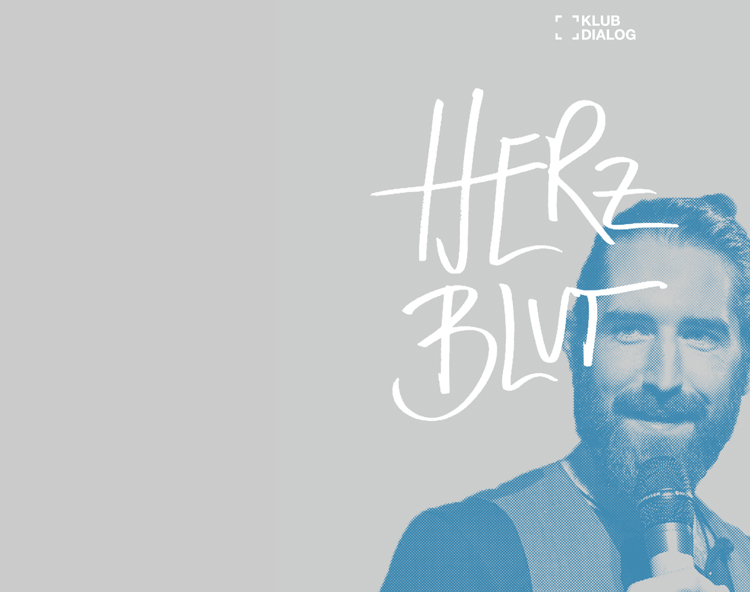 Bild mit einem Sprecher und der Aufschrift „Herzblut“