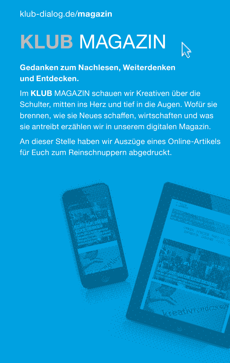 Bild mit Smartphone und Tablet mitsamt Infotext zum Klub Magazin