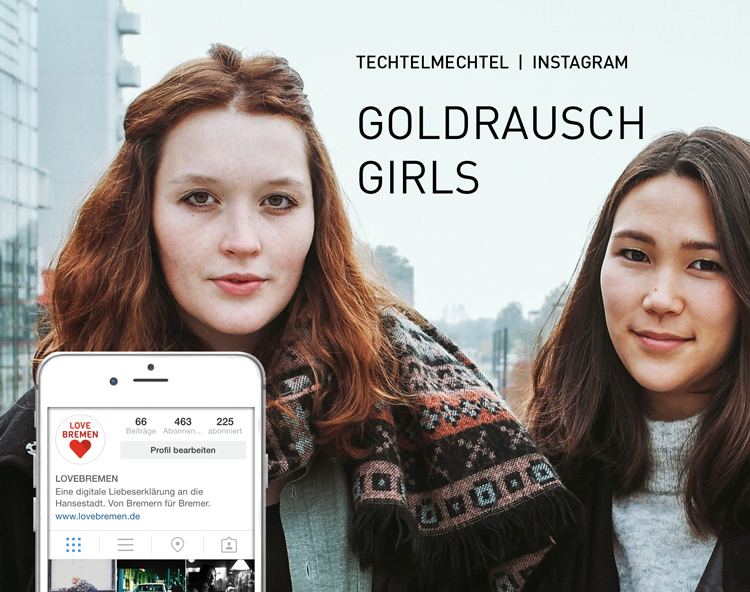 Foto von zwei jungen Frauen mit Aufschrift „Goldrausch Girls“