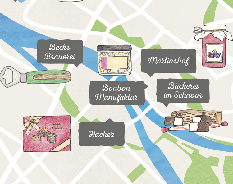 Illustartion eines Ausschnitts der Stadtkarte von Bremen mit Einzeichnungen für Beck‘s Brauerei, Hachez, Bonbon Manufaktur, Bäckerei im Schnoor und Martinshof