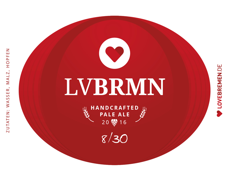 Bier-Etikett mit der Aufschrift „LVBRMN“, sowie mit dem Untertitel „Handcrafted Pale Ale 2016“
